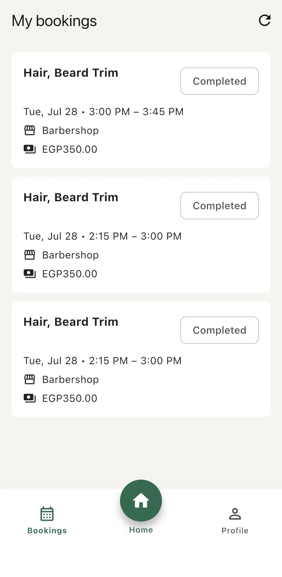 Salony bookings screen showing completed appointments