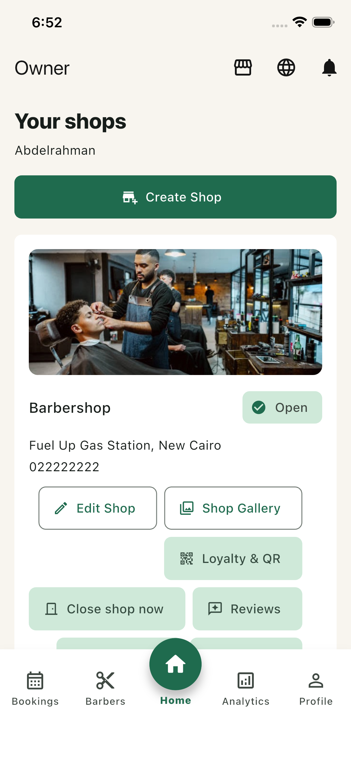 Salony owner screen for managing a shop