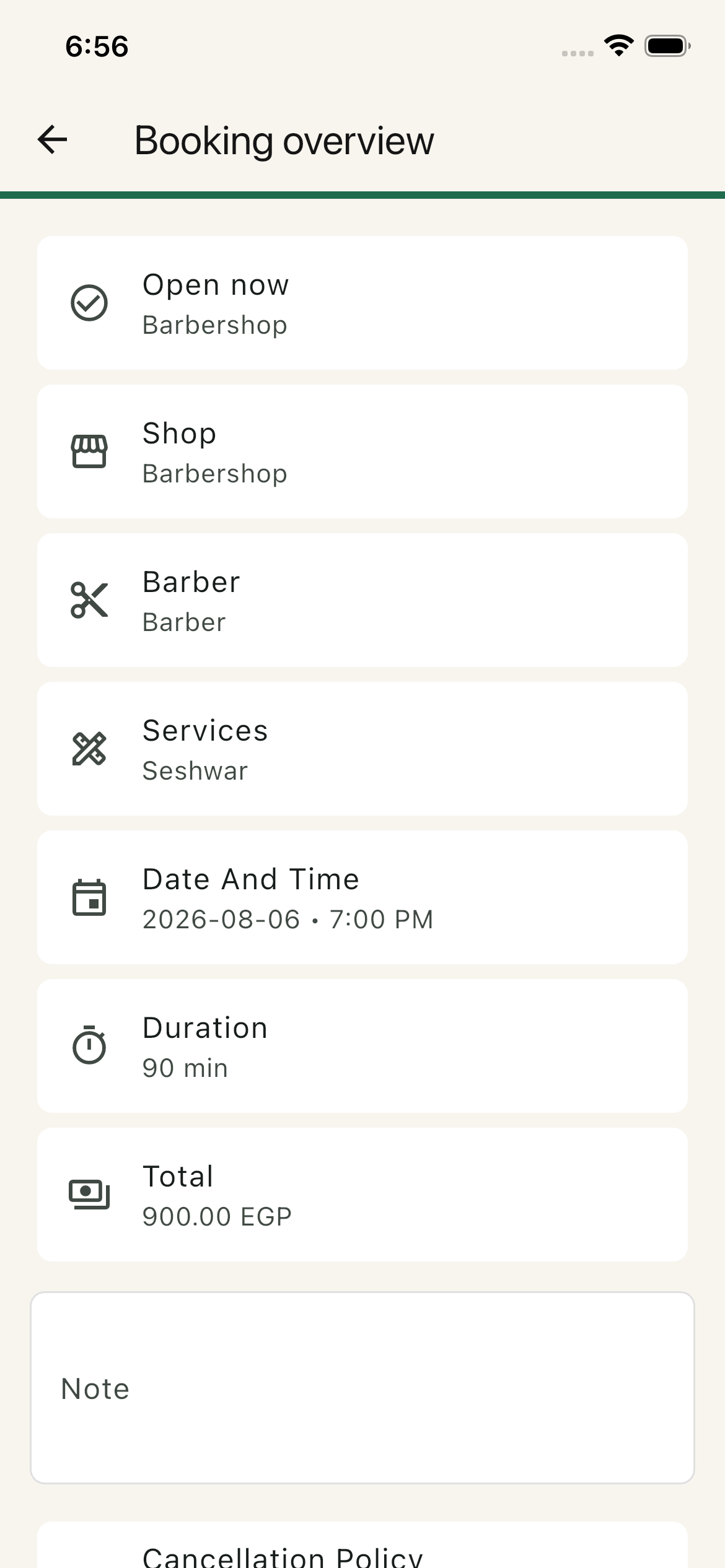 Salony shop screen showing barber and service selection